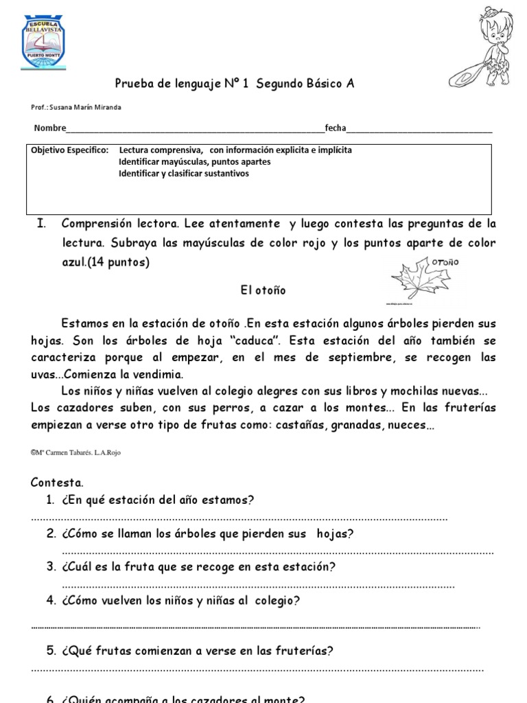 Prueba de Lenguaje #1 Segundo Básico A | PDF