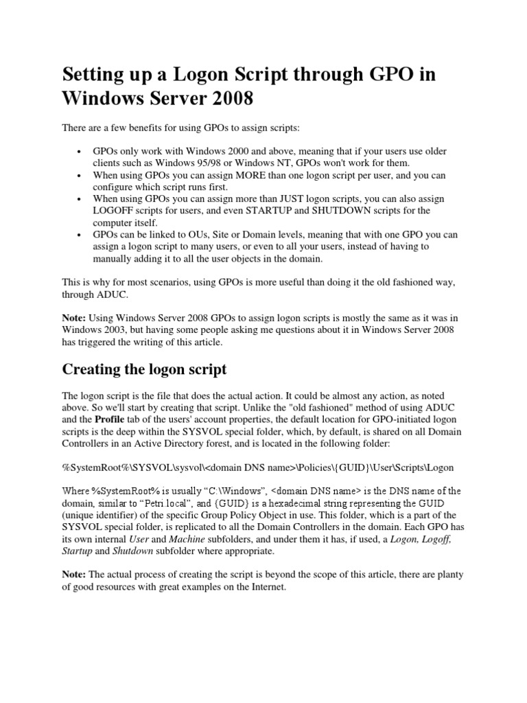 Setting Up A Logon Script Through GPO in Windows Server 2008 Download