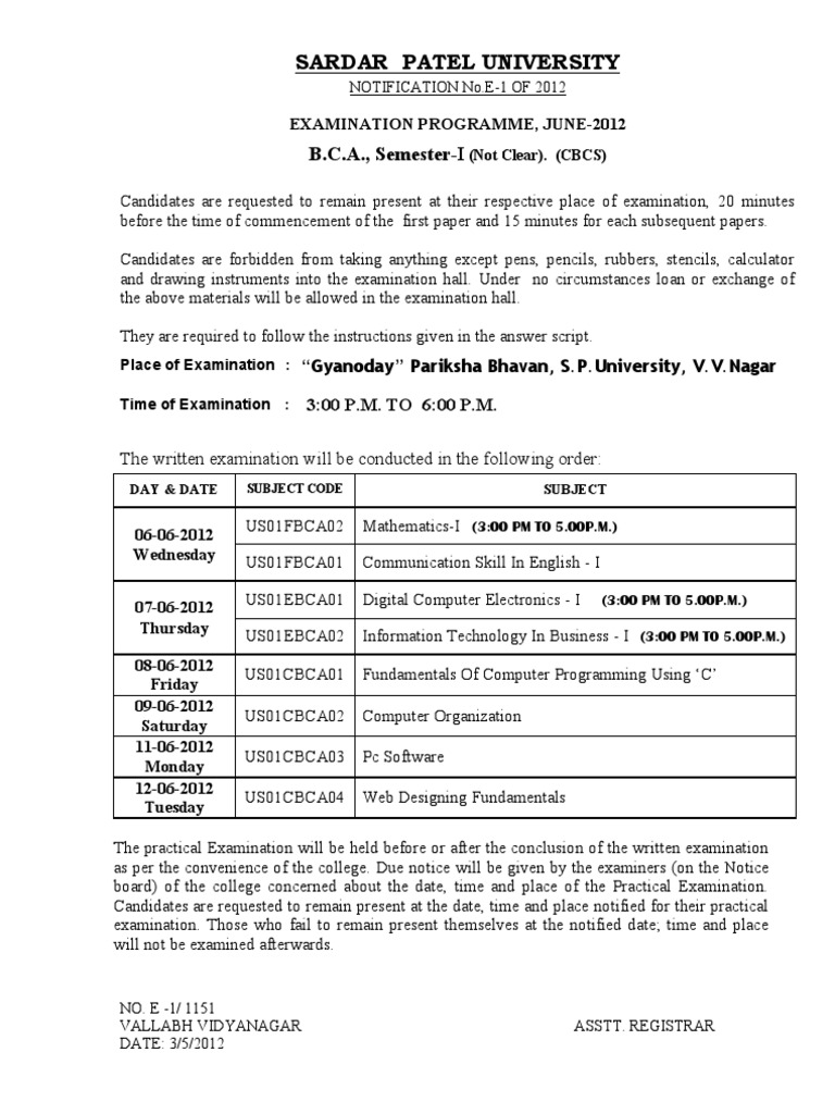 BCA 1st Semester Exam Schedule 2012 | PDF | Career & Growth ...