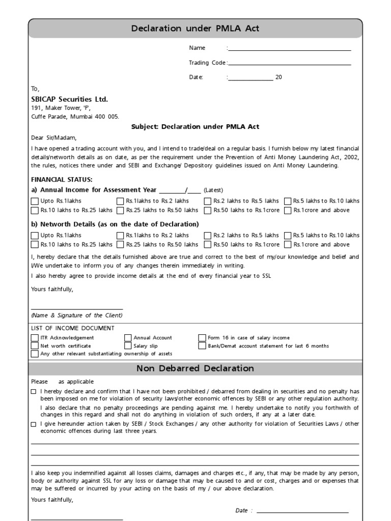 Declaration Under PMLA Act & Non Debarred Government Information