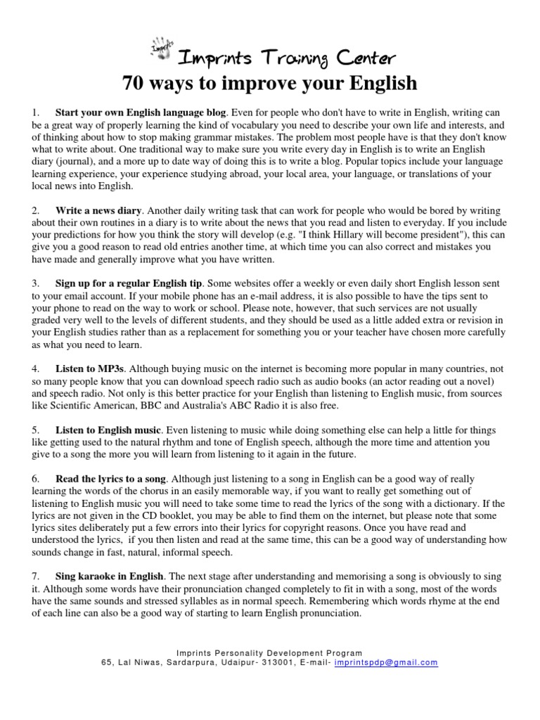 70 Ways To Improve Your English: Imprints Training Center | PDF