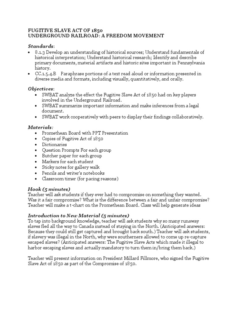 Fugitive Slave Act Of 1850 Lesson Plan Fugitive Slaves In The United States Underground Railroad