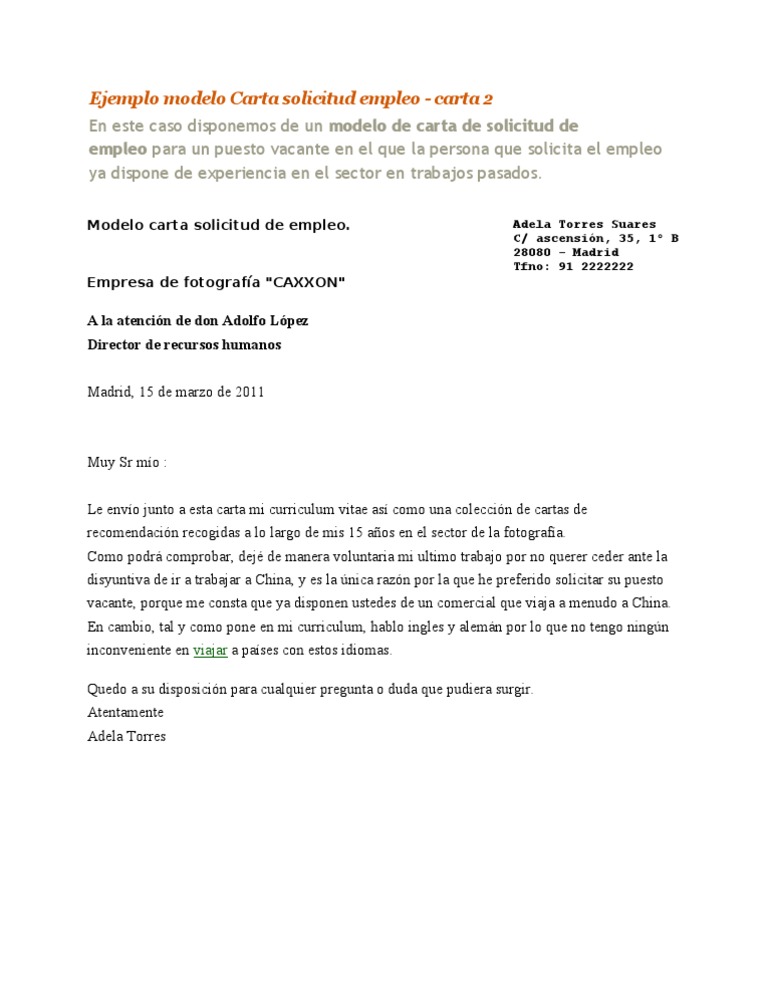 Ejemplo Modelo Carta Solicitud Empleo