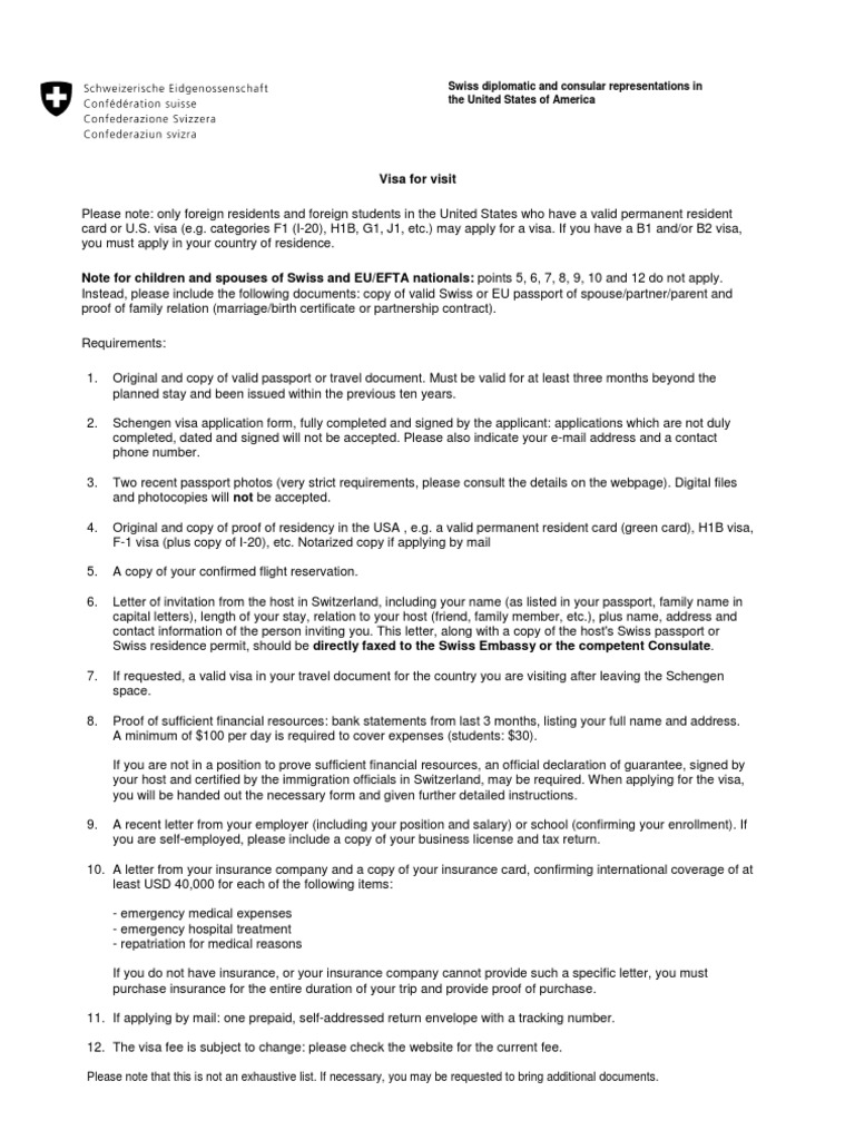 Swiss Visa Requirements PDF Travel Visa Permanent Residence