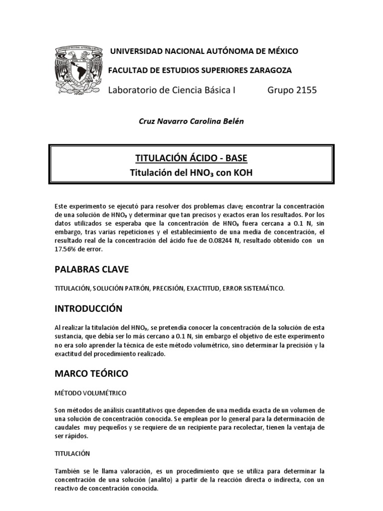 Informe de Experimento. Titulación ÁcidoBase Valoración