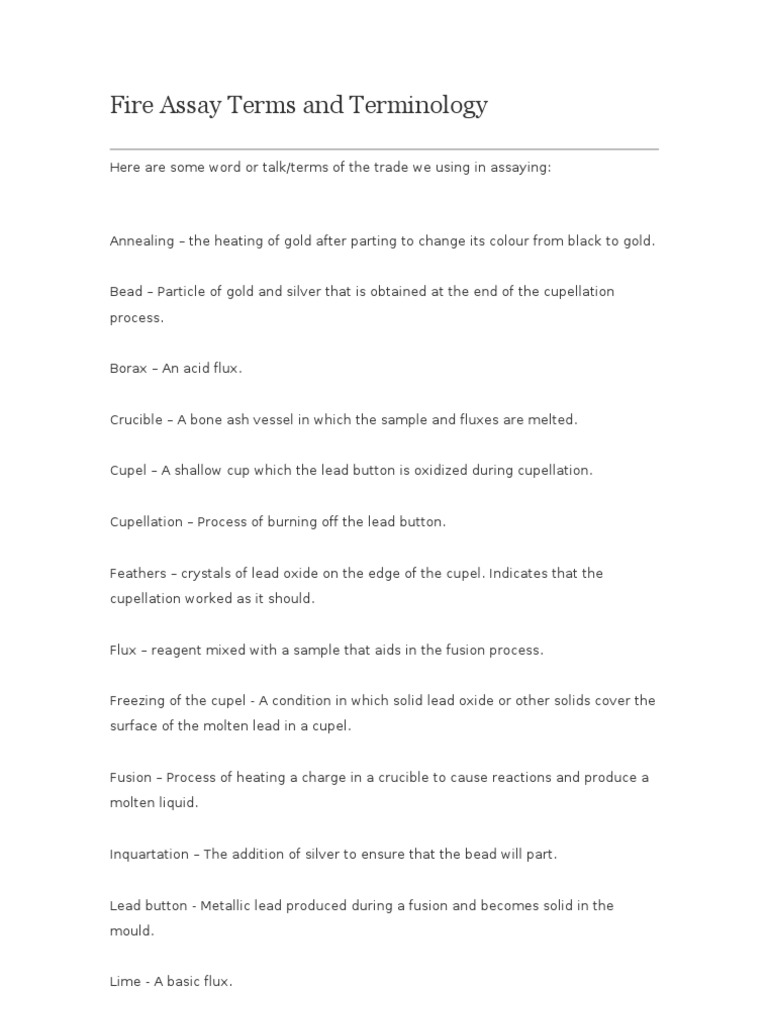 Fire Assay Terminology Explained | PDF | Metallurgical Assay | Sodium ...