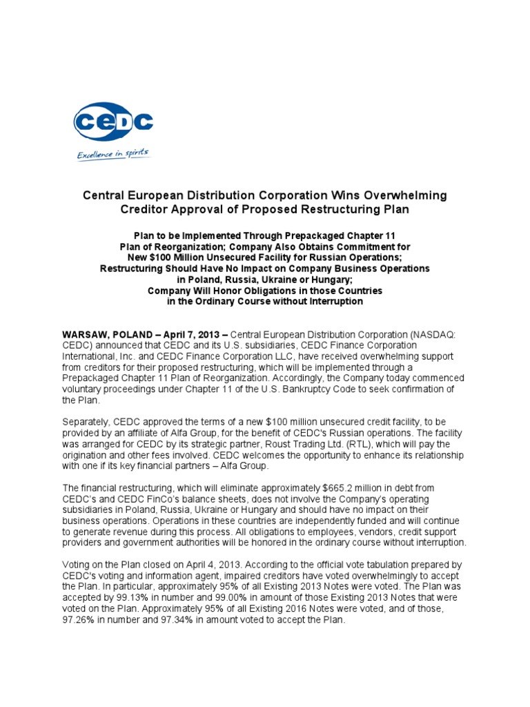 CEDC Secures Creditor Approval for Restructuring | PDF | Chapter 11 ...