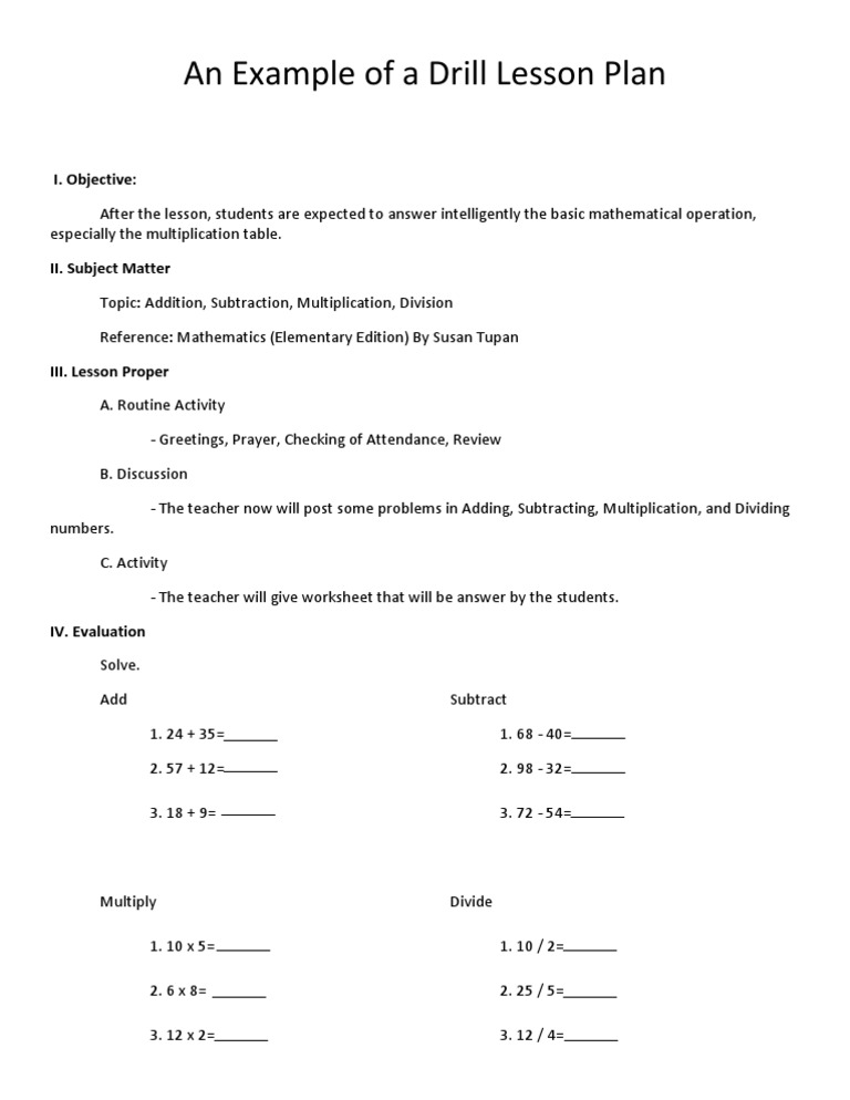 What Is Drill In Lesson Plan Example