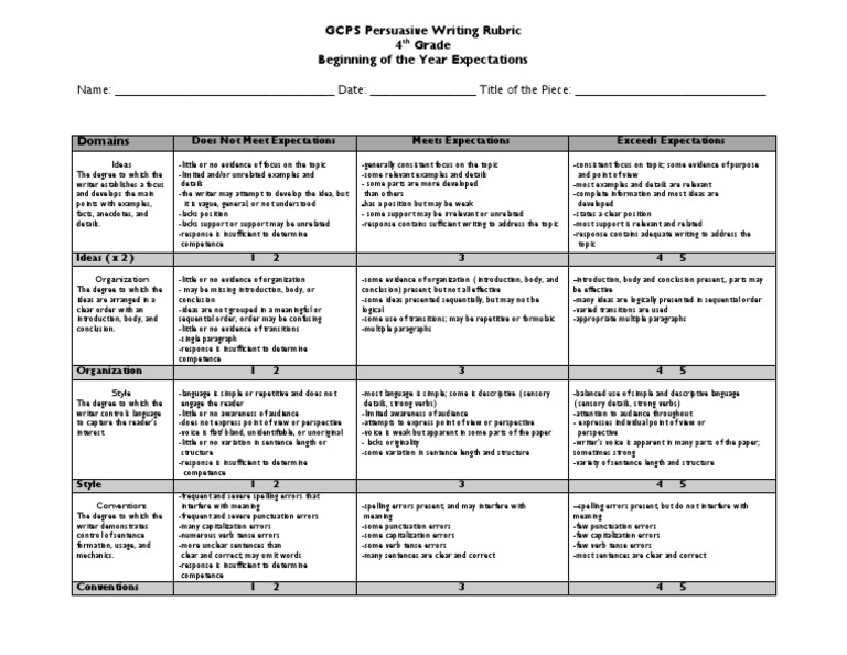 4th Grade Persuasive Essay Rubric Non ST | PDF | Sentence (Linguistics