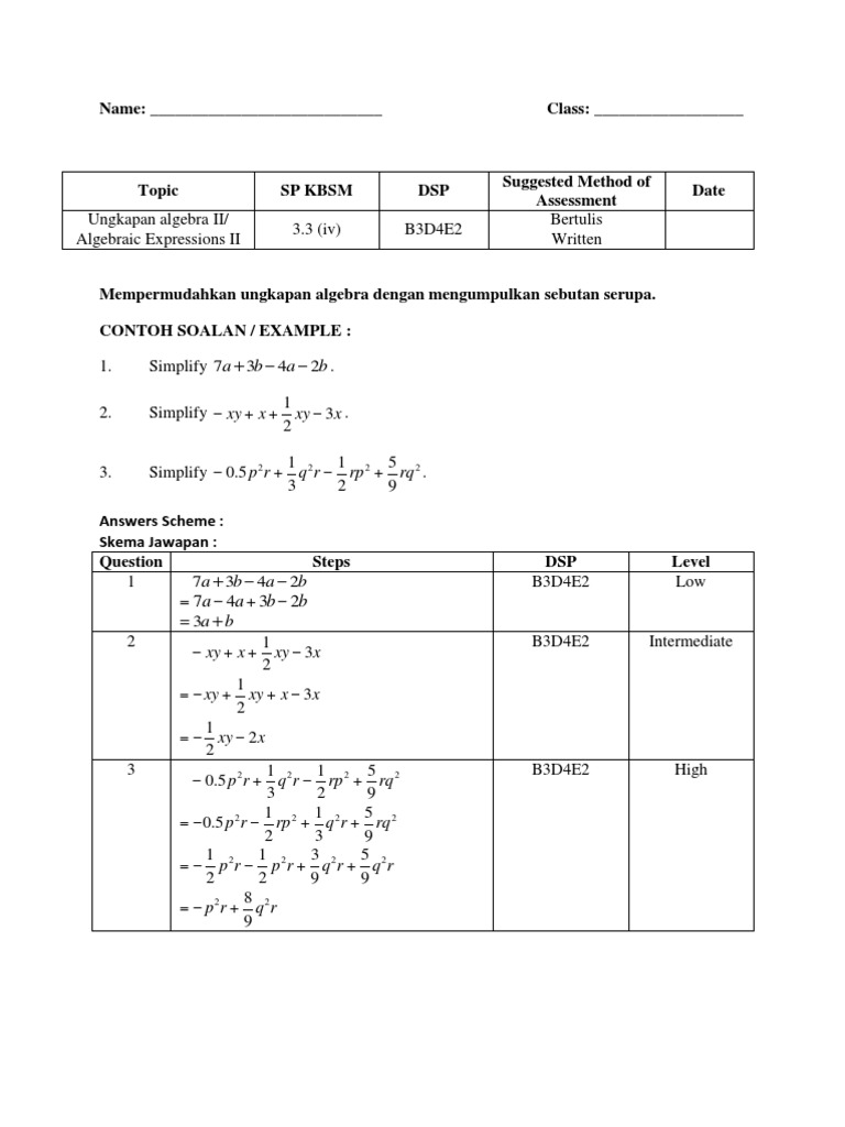 Contoh Soalan Kbat Ungkapan Algebra Tingkatan 3  AndersonWebWalter