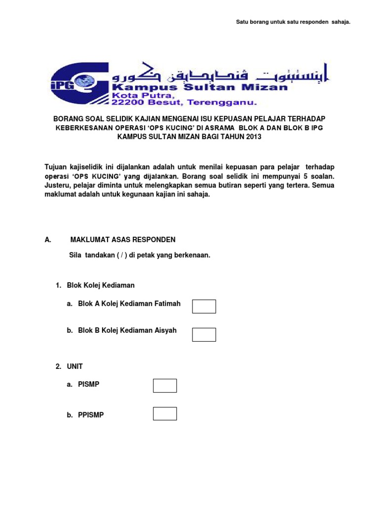 Borang Soal Selidik Kajian Mengenai Isu Kepuasan Pelajar Terhadap Keberkesanan Operasi Pdf
