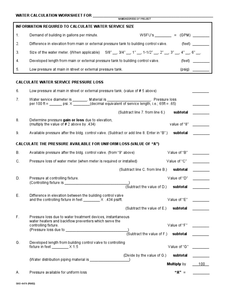 Water Calculation Worksheet PDF