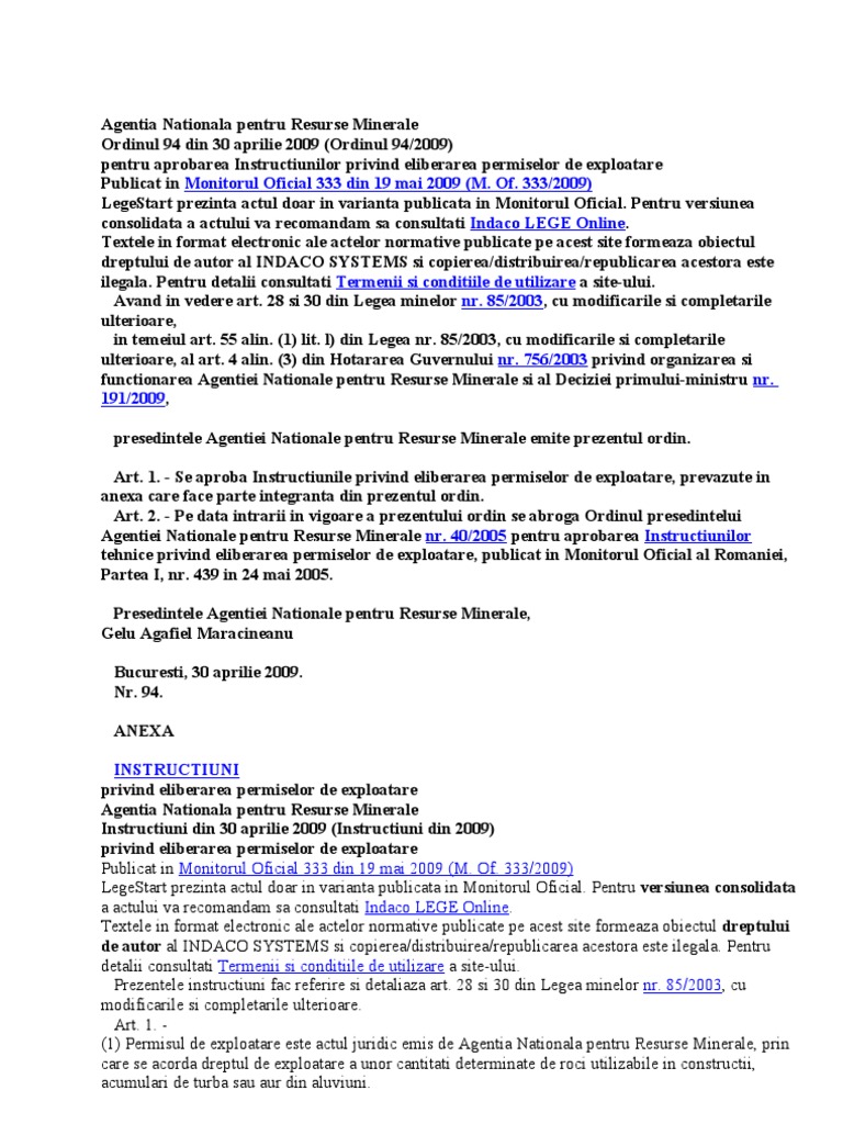 Agentia Nationala Pentru Resurse Minerale Ordinul 94 30 07 2009