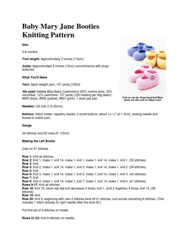 Baby Mary Jane Booties Knitting Pattern PDF Knitting Yarn