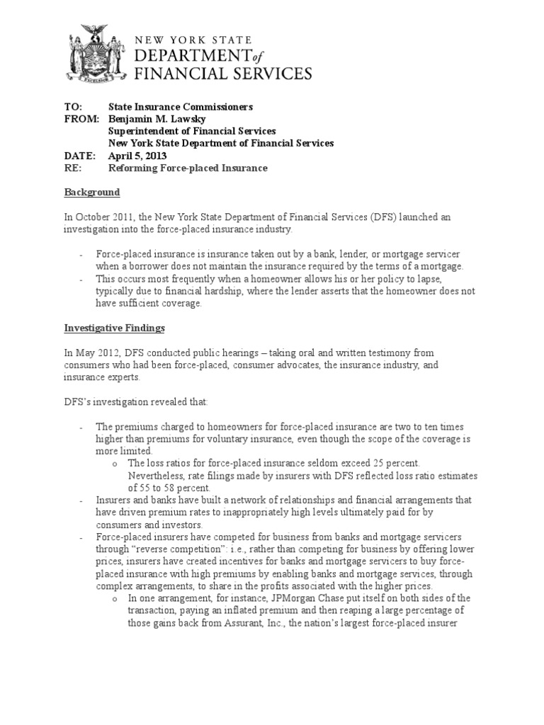 NY ForcePlaced Insurance Reforms Letter PDF Home Insurance