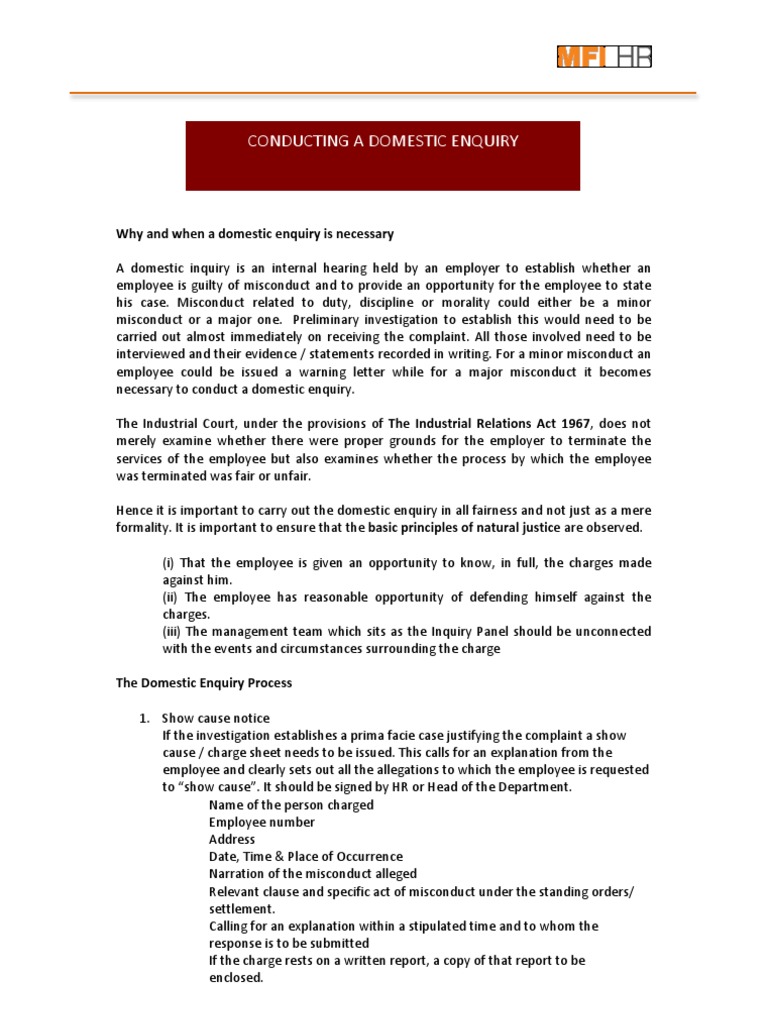 Conducting Domestic Enquiry Guide | PDF | Misconduct | Employment