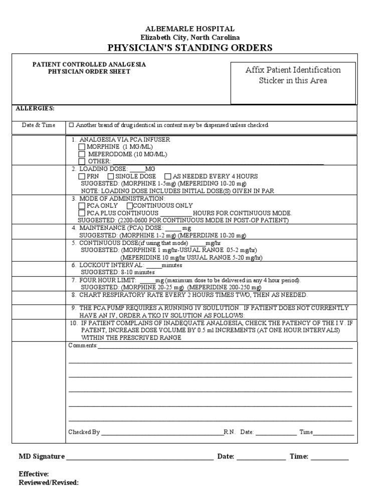 PCA Physician Order Sheet | PDF | Wellness