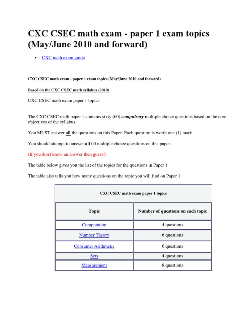 CXC Math Exam Paper 1 and Paper 2 Exam Questions | PDF | Number Theory ...