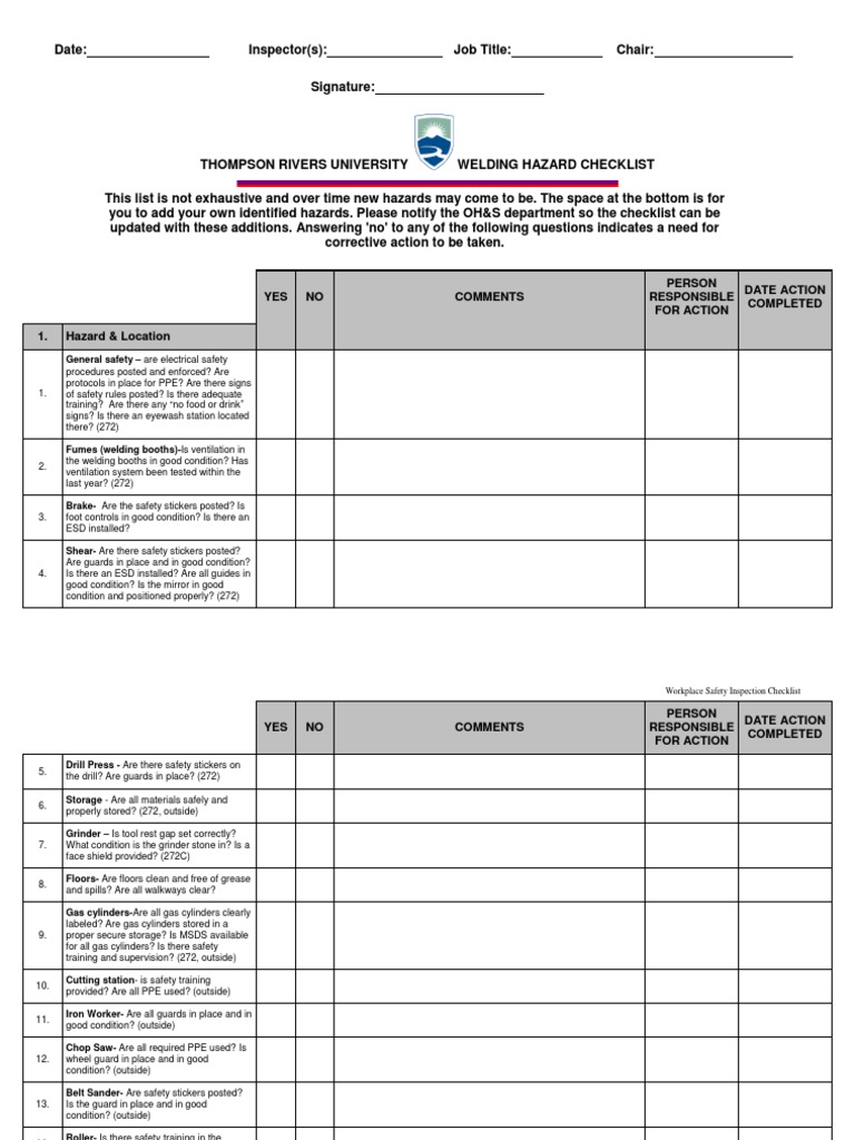 Welding Checklist 9195 Personal Protective Equipment Safety