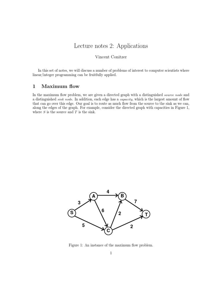 Lecture Notes 2: Applications: 1 Maximum Flow | PDF | Linear ...