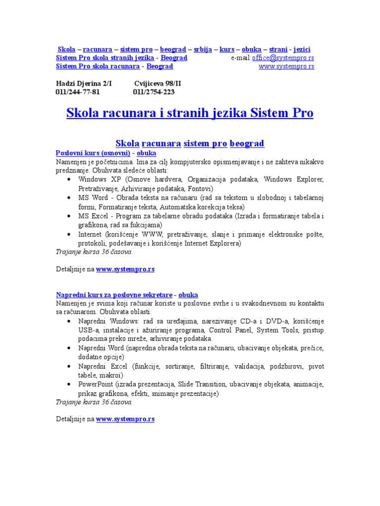 Skora Racunara I Stranih Jezika Sistem Pro - Beograd, Srbija | PDF