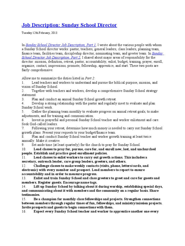 Job Description For A Sunday School Teacher PDF Sunday School Prayer