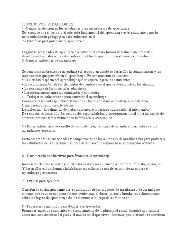 12 Principios Pedagogicos | PDF | Aprendizaje | Plan de estudios