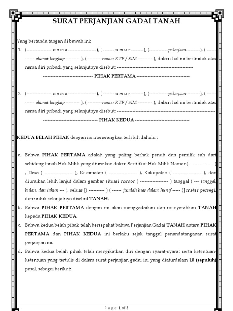 Contoh Surat Gadai Tanah Kebun