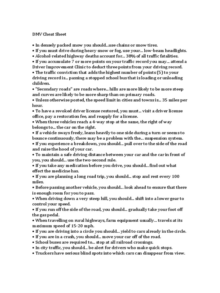 DMV Cheat Sheet PDF Traffic Truck Driver