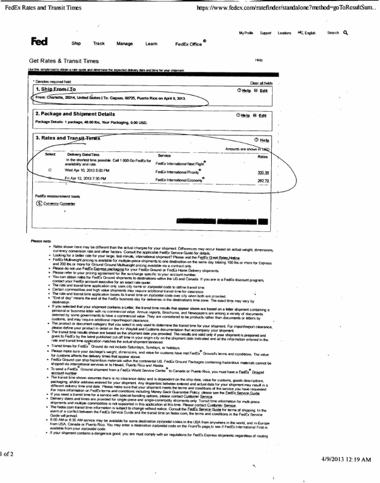 Fedex Rate PDF Zip Code Fed Ex