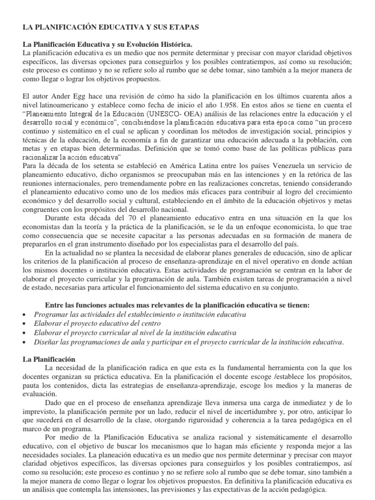 Evolución y Etapas de la Planificación Educativa | PDF | Planificación ...
