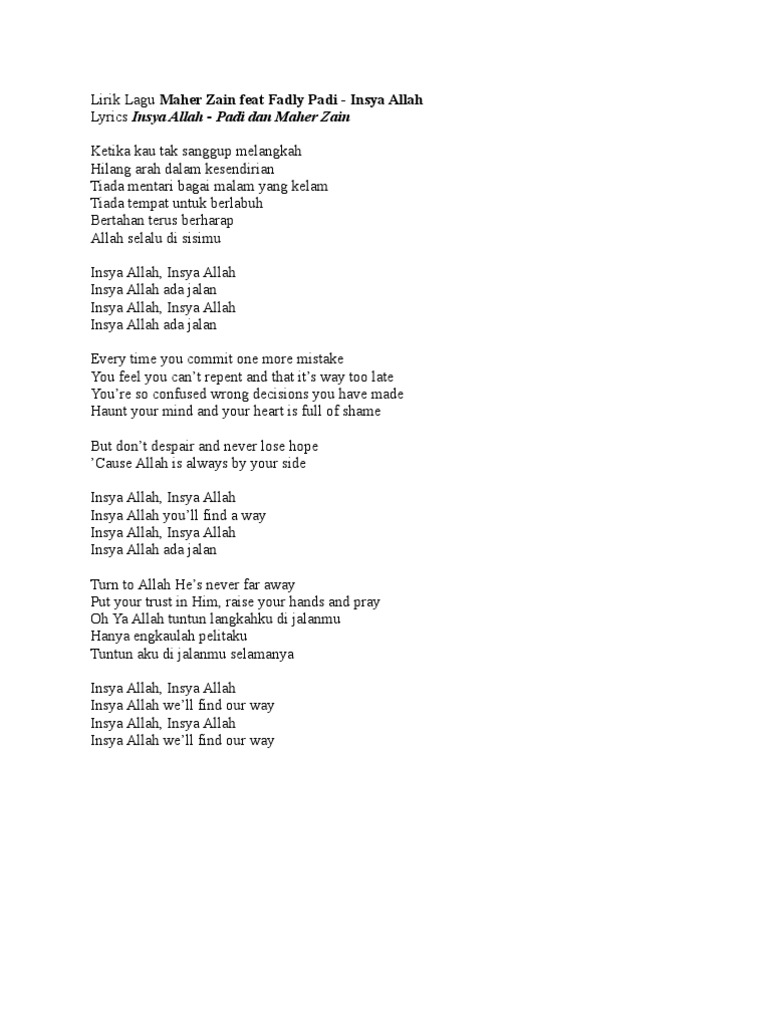 Lirik Lagu Maher Zain Feat Fadly Padi