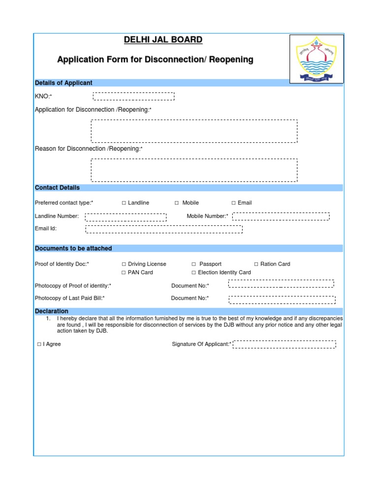 DJB Water Disconnection Application Form | PDF