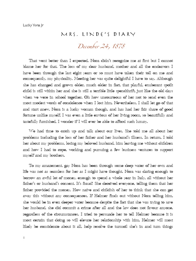 Mrs Linde Diary Entry PDF A Doll's House