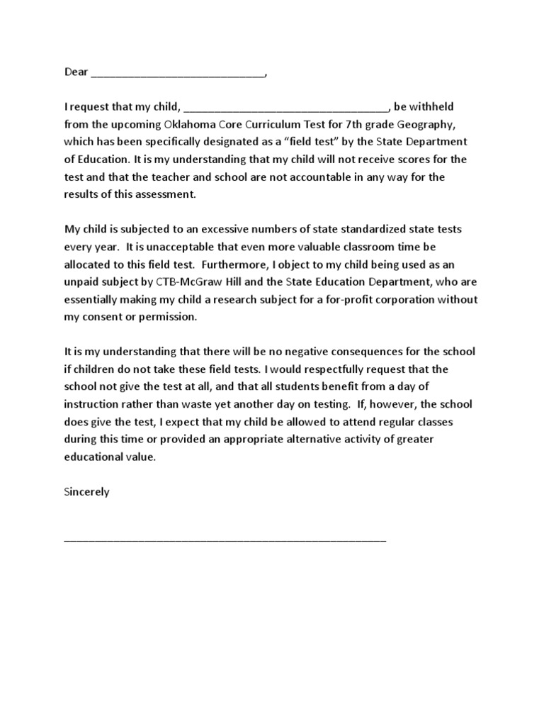 Opt Out Letter For Standardized Testing PDF Standardized Tests