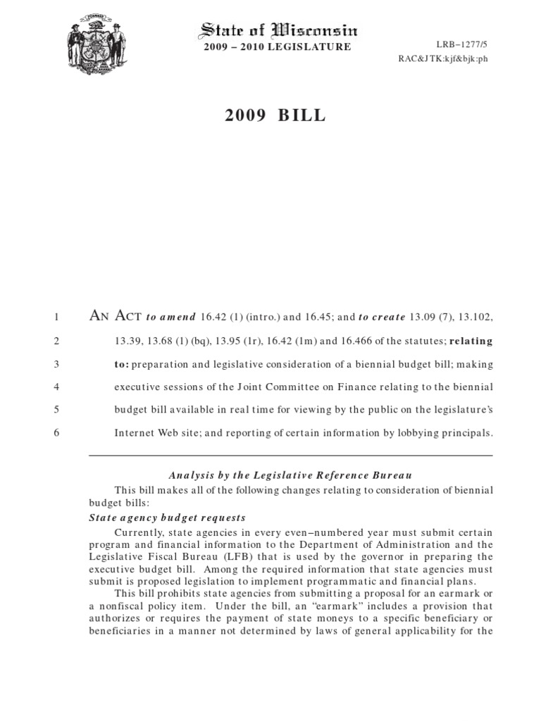 2009 Bill: 2009 2010 Legislature | PDF | Earmark (Politics) | Bill (Law)