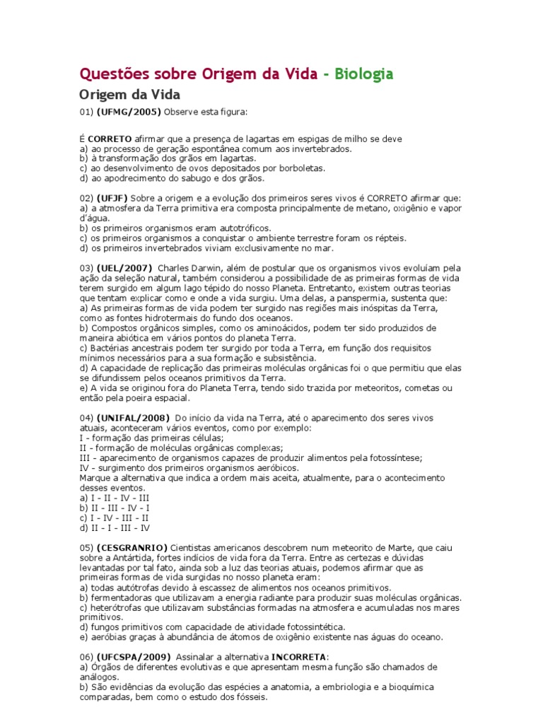 Questões sobre a Origem da Vida | PDF | Abiogênese | Vida