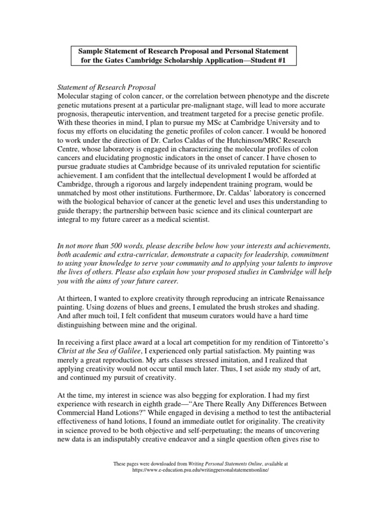 Sample Statement of Research Proposal and Personal Statement For The