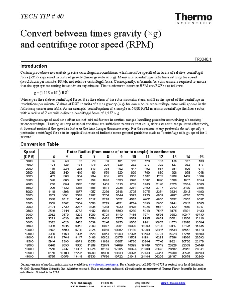 Conversion Rpm g Centrifuga Centrifuge Centrifugation Free 30day