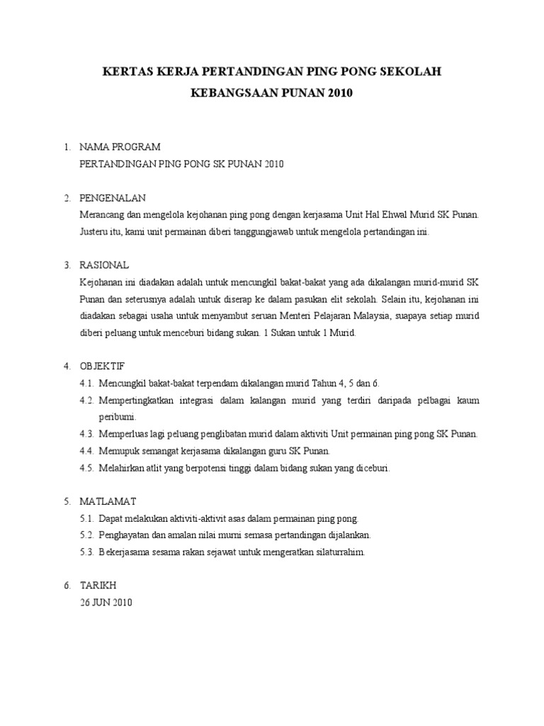 Kertas Kerja Pertandingan Ping Pong Sekolah Kebangsaan Punan 2010 Pdf