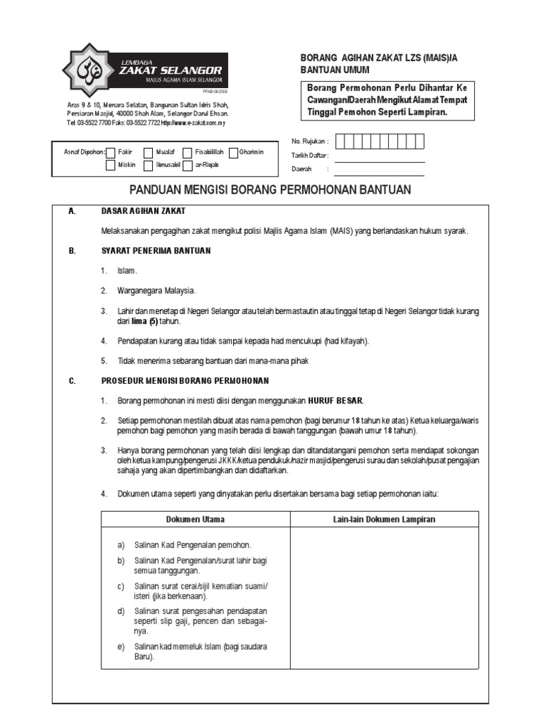 Borang Bantuan Zakat Selangor Borang Umum Pdf