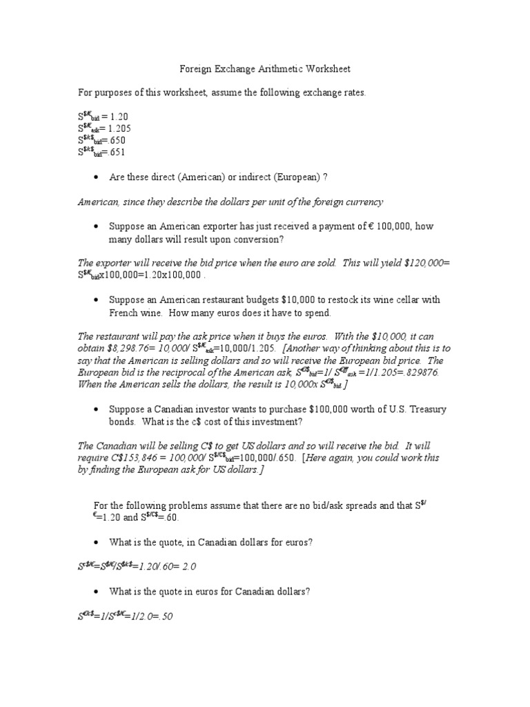 Foreign Exchange Arithmetic Worksheet | PDF | Euro | Canadian Dollar