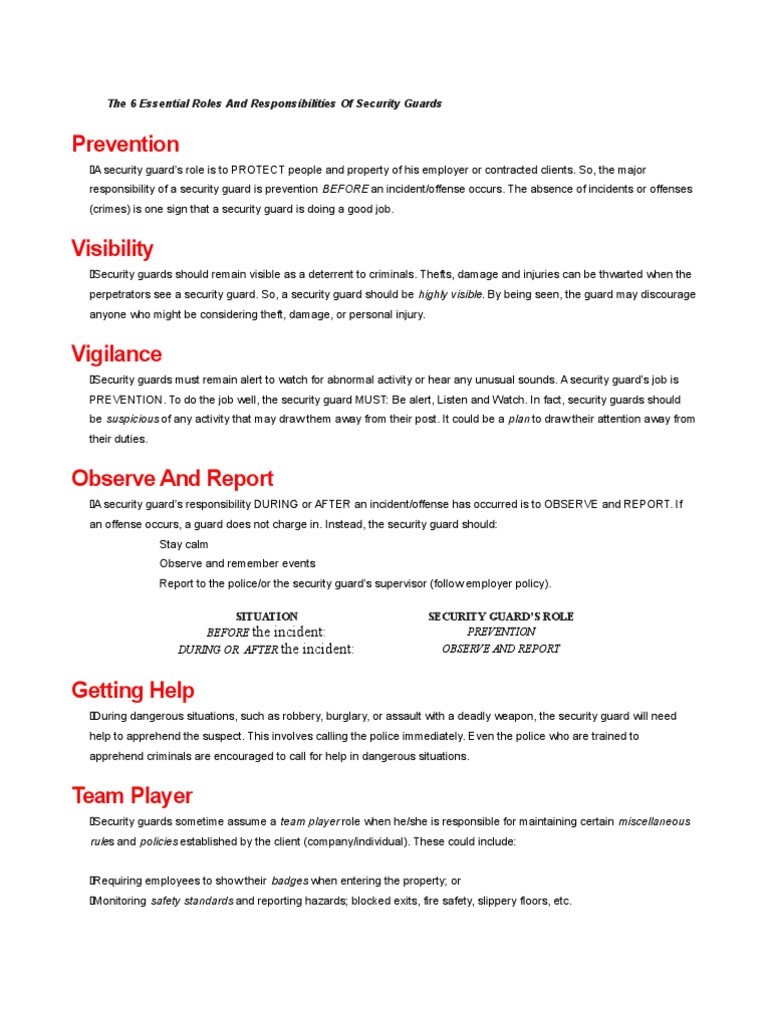 Duties and Responsibilities of Guards