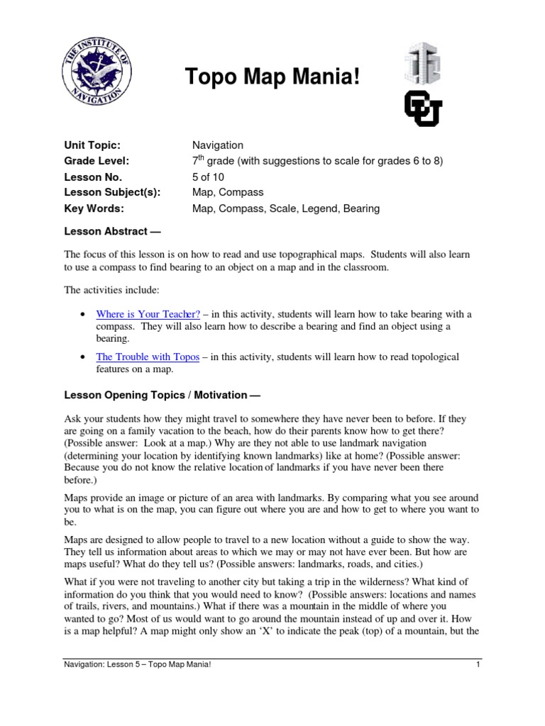 worksheet Topographic Map Worksheet Pdf lesson 5 compass contour line