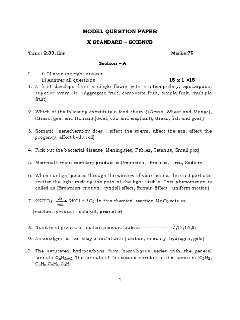 10th Standard Science Model Paper | PDF | Solution | Lens (Optics)