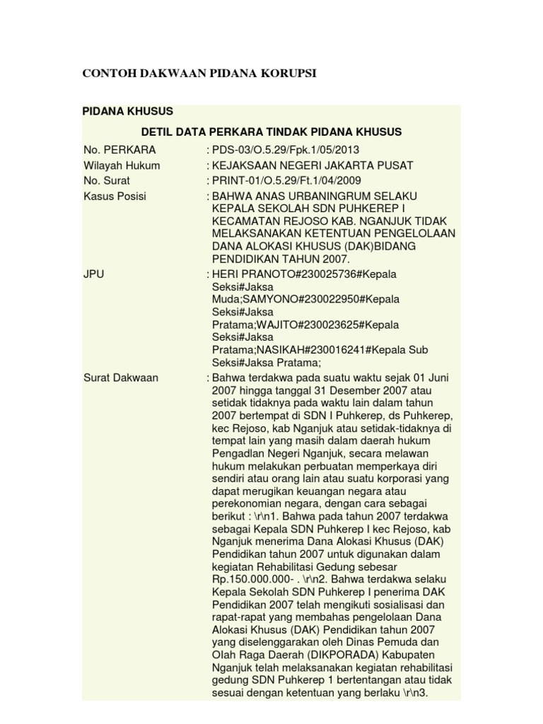 Contoh Dakwaan Pidana Korupsi