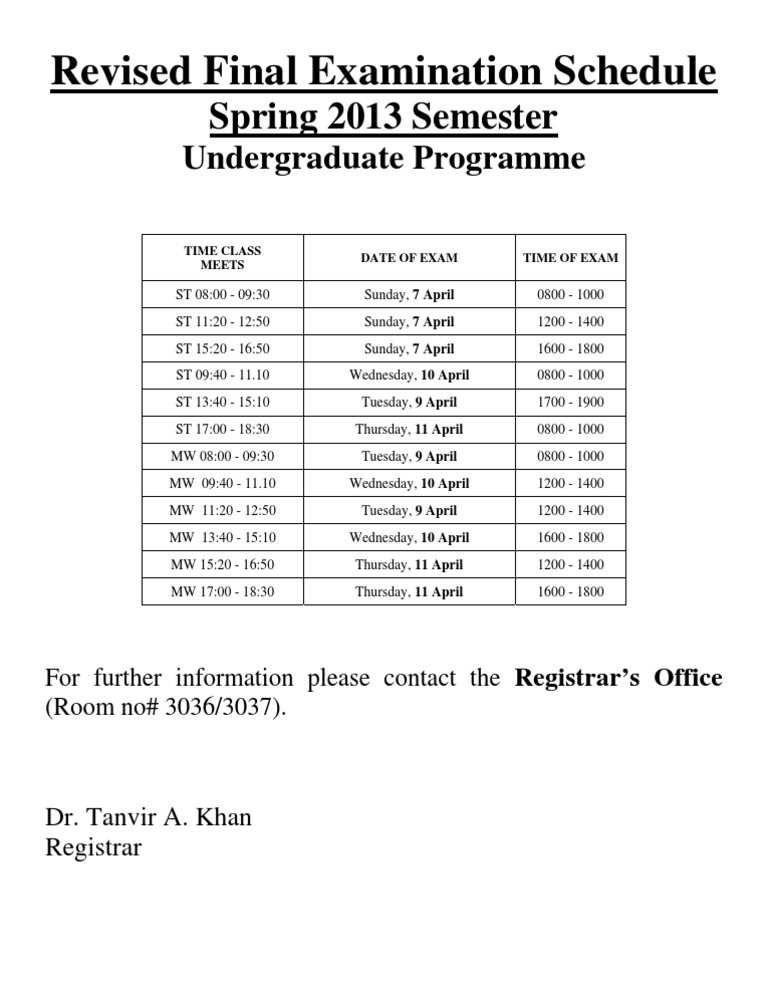 Revised Final Examination Schedule Spring 2013 Semester PDF