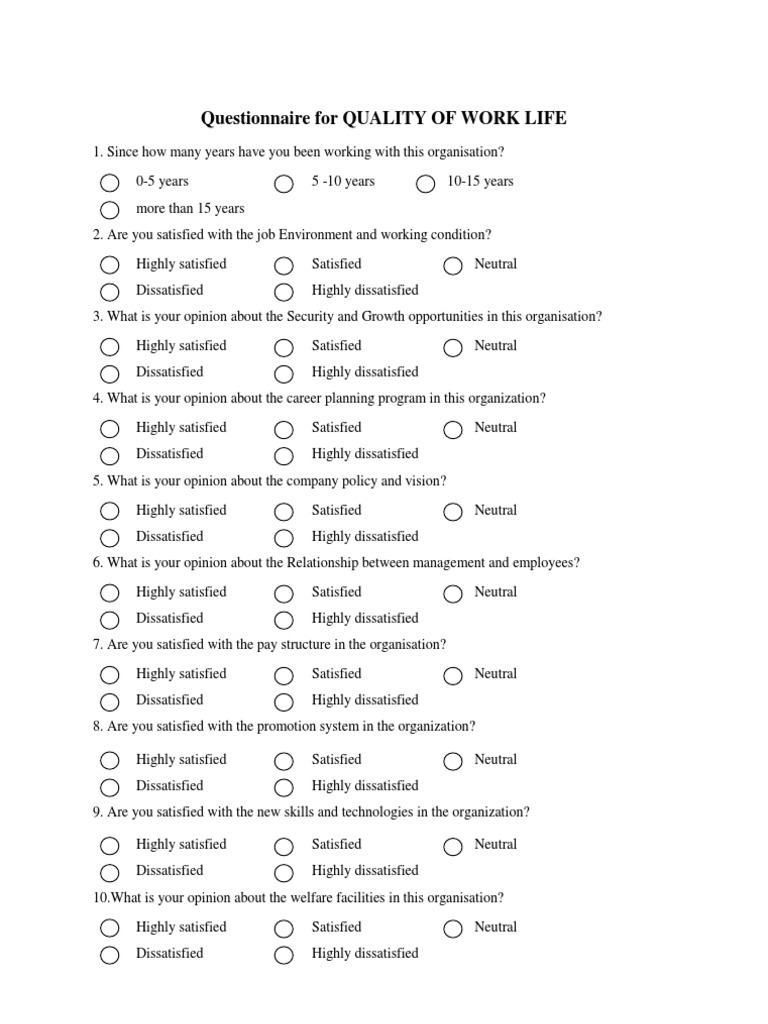 Questionnaire for Quality of worklife Employment Business