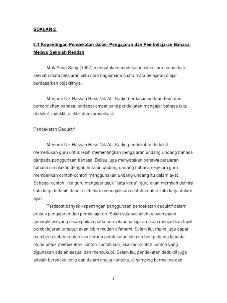 Kepentingan Pendekatan Dalam Pengajaran Dan Pembelajaran Bahasa Melayu Sekolah Rendah Pdf