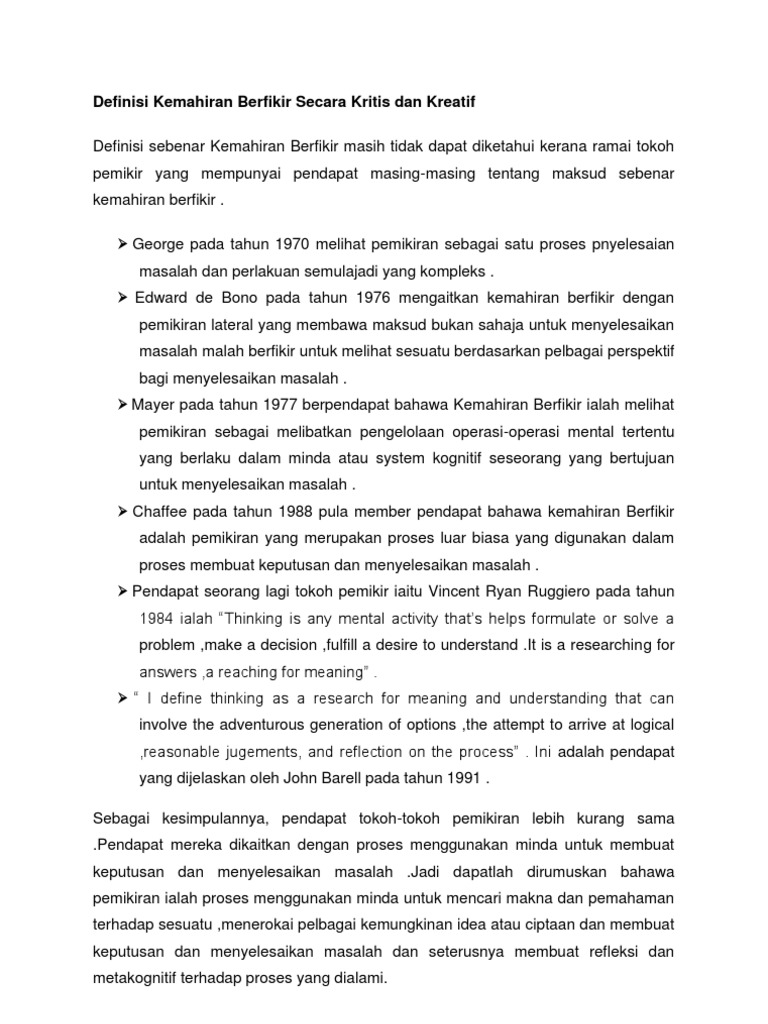 Definisi Kemahiran Berfikir Secara Kritis Dan Kreatif Pdf